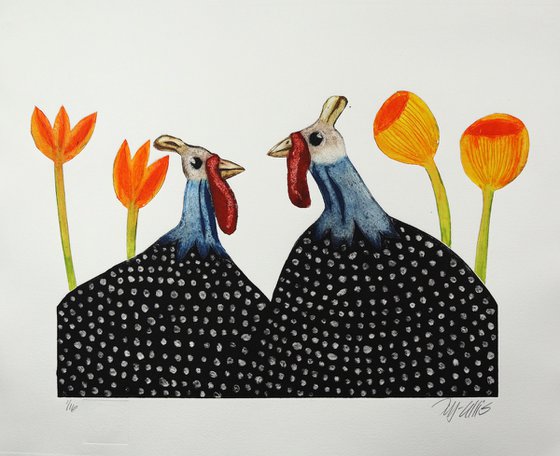 Guinea hens and flowers