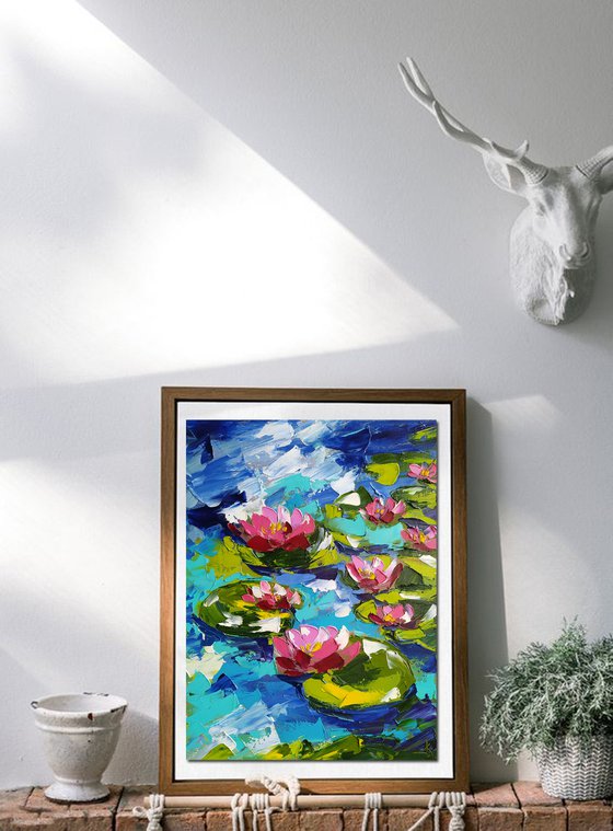 Lilies - lilies oil painting, lake, river, flowers in water, flowers on the river, water lilies, water lilies oil painting