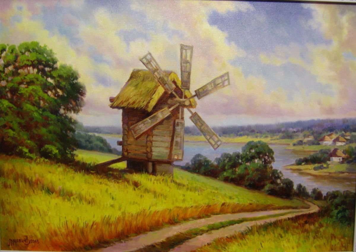 Photorealistic Landscape Oil Painting By Vladimir Lutsevich, 20 X 14", Wind Mill, Original Artwork
