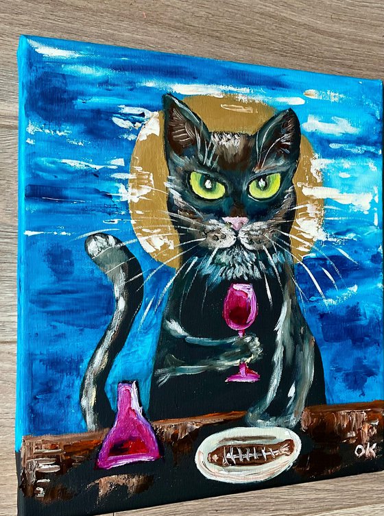 Evening Cat. Wine time. Lucky cat brings positive emotions in your life.