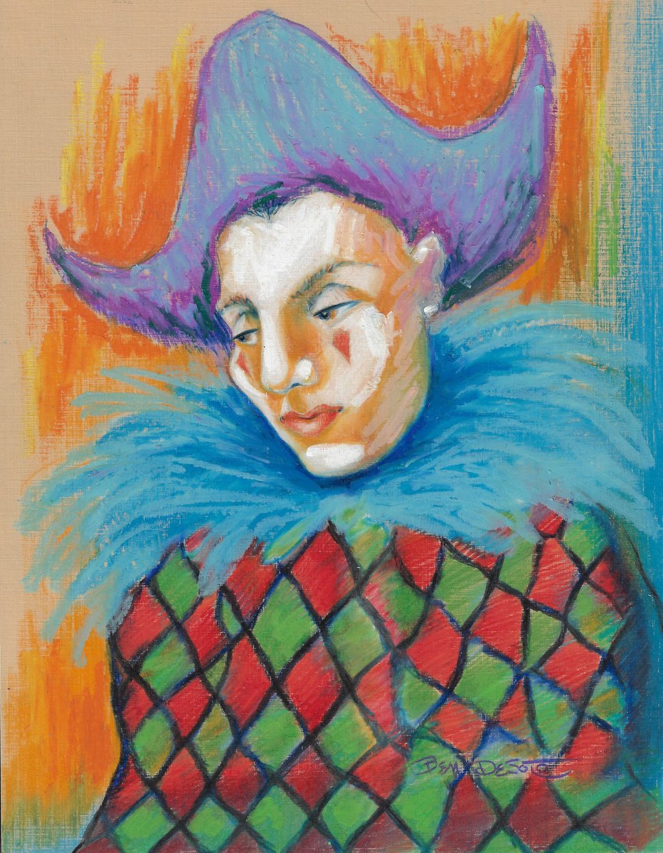 Portrait Pastel Drawing By Ben De Soto, 9 X 11, Pierrot, Original Artwork