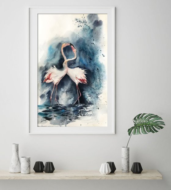 Flamingos couple Original Watercolor painting