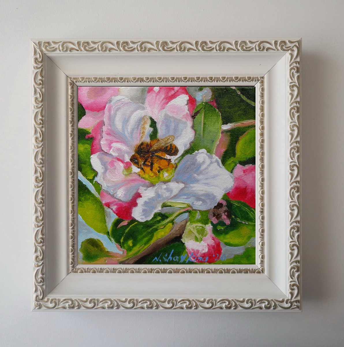 Impressionistic Animal Oil Painting By Natalia Shaykina, 8 X 8", Bee On Apple Blossom, Original Artwork