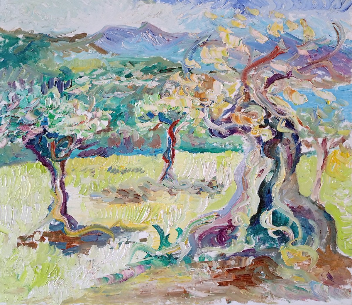 Impressionistic Abstract Oil Painting By Antonino Puliafico, 28 X 24, Luce Con Ulivi, Original Artwork