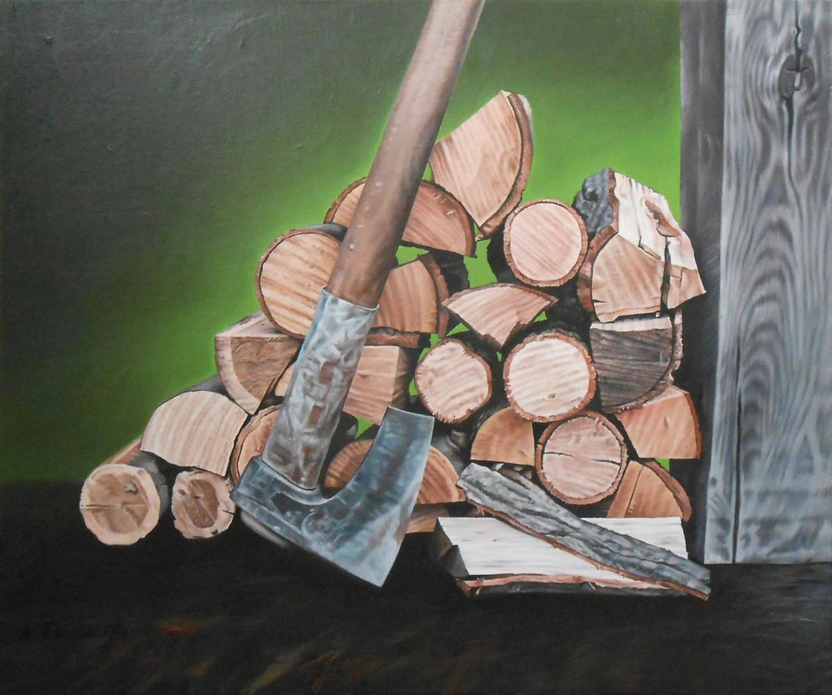 Photorealistic Still Life Oil Painting By Alexander Titorenkov, 24 X 20, Firewood, Original Artwork