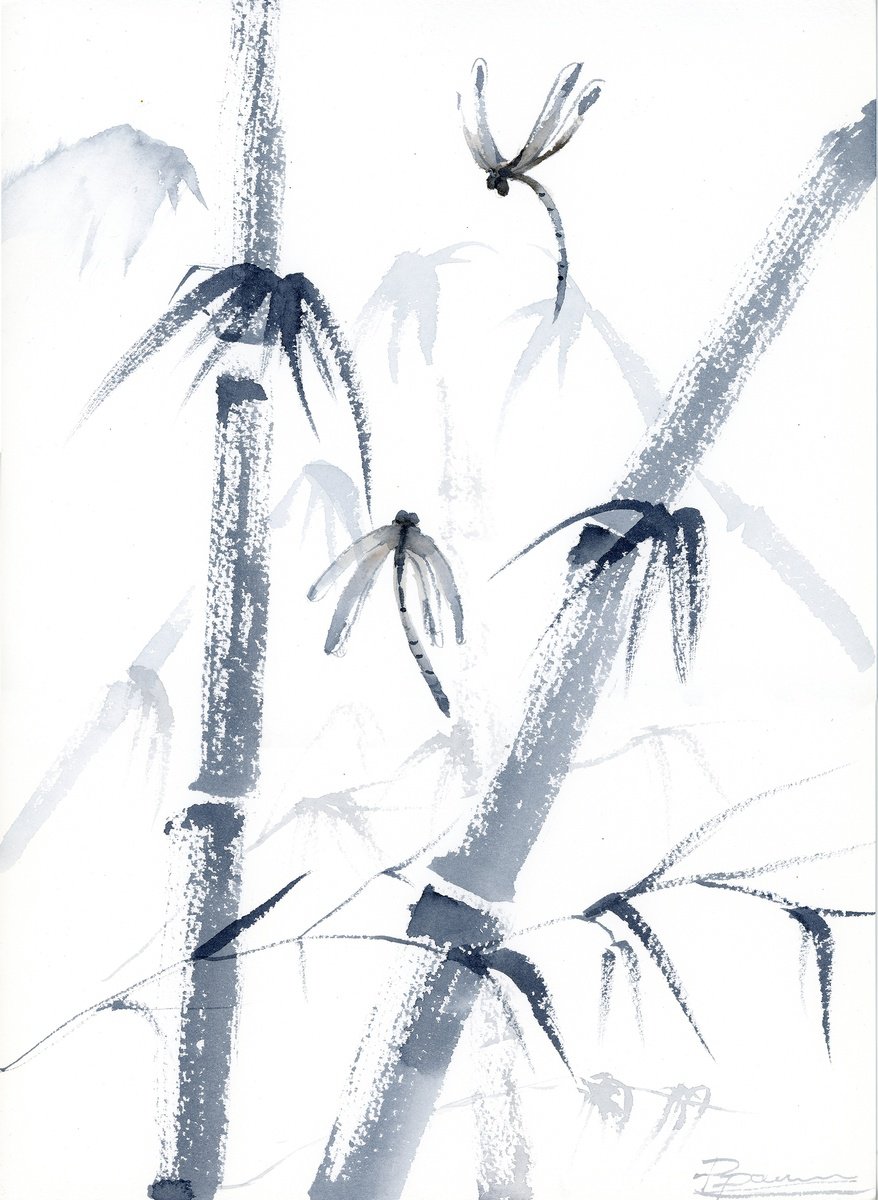 Impressionistic Botanical Watercolour By Olga Tchefranov (Shefranov), 10 X 14", Bamboo And Dragonflies, Original Artwork