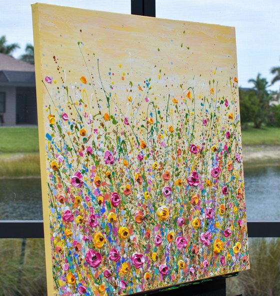 Sunshine Meadow - Textured Floral Painting, Palette knife art