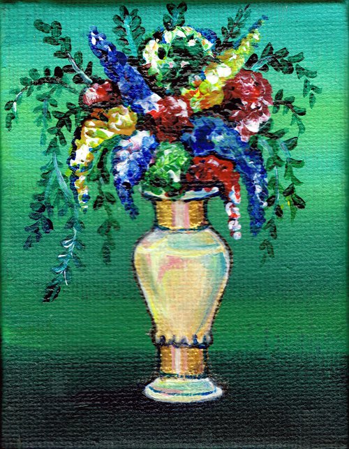 Flowers in white golden vase, original acrylic miniature painting, still life N2 by Diana Aleksanian