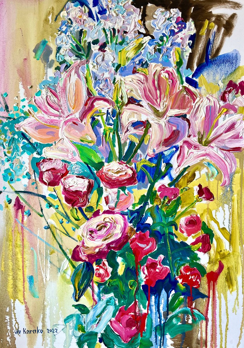 Expressive Botanical Oil Painting By Ole Karako, 28 X 39", Flowers, Original Artwork
