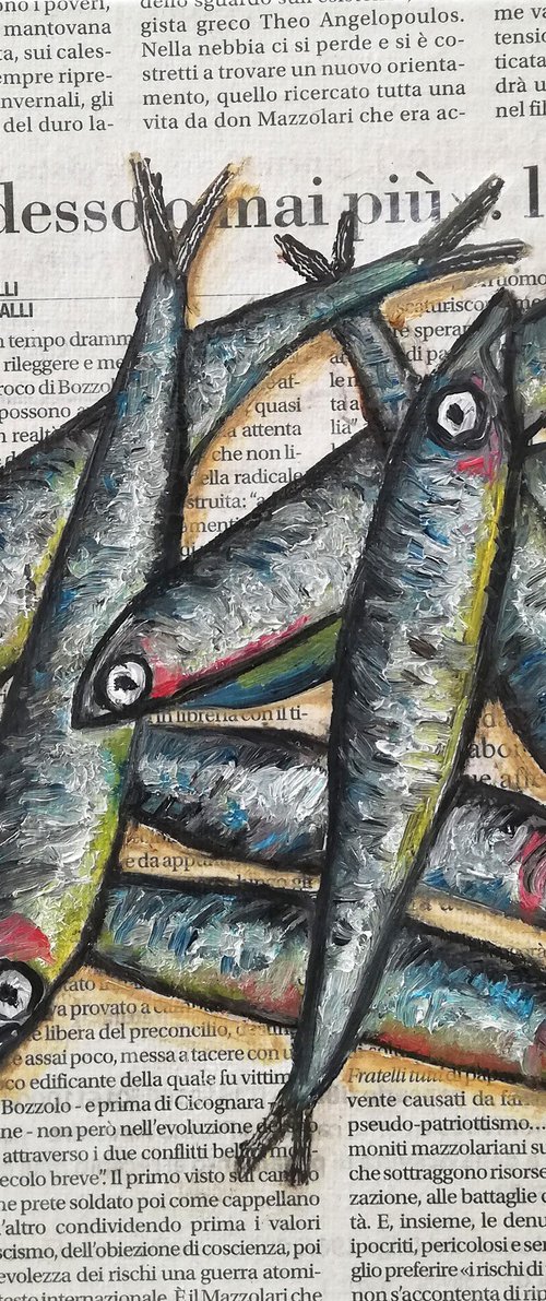 Mixed Anchovies on Newspaper by Katia Ricci