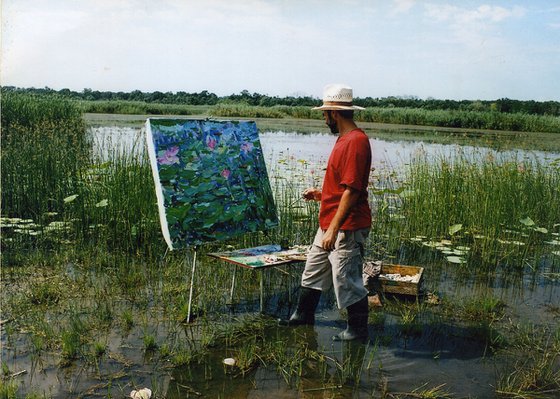 NOON ON THE LAKE, LOTUS - Water lilies, floral landscape,  waterscape, original oil painting, plein air