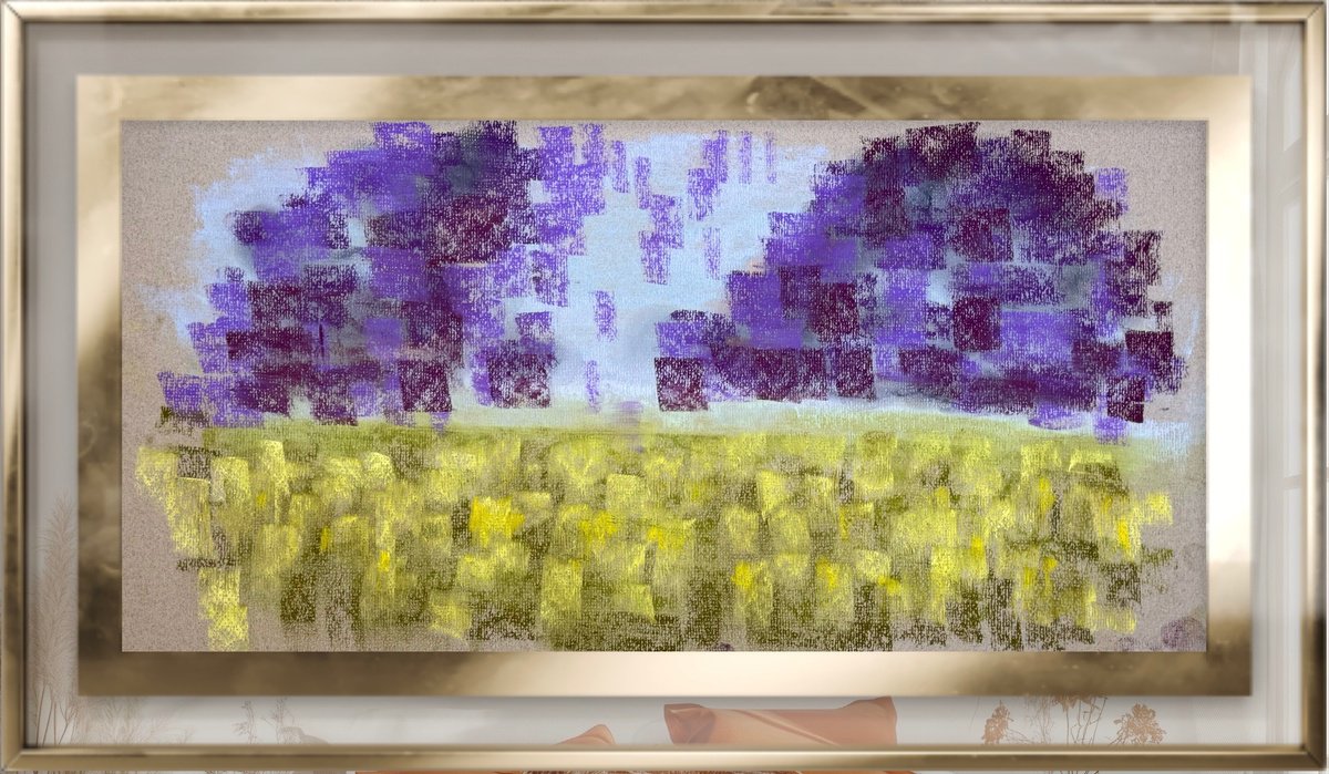 Abstract Pastel Drawing By Yuliia Sharapova, 21 X 11", Abstract Landscape Purpl Cloud, Original Artwork