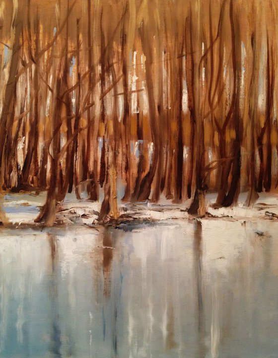Winter lake reflection- original oil painting - 40 x 60 cm ( 16 x 24 Inches)
