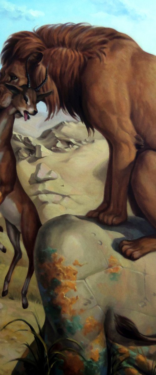 Lion's hunting 60x80cm, oil painting, surrealistic artwork by Artush Voskanian