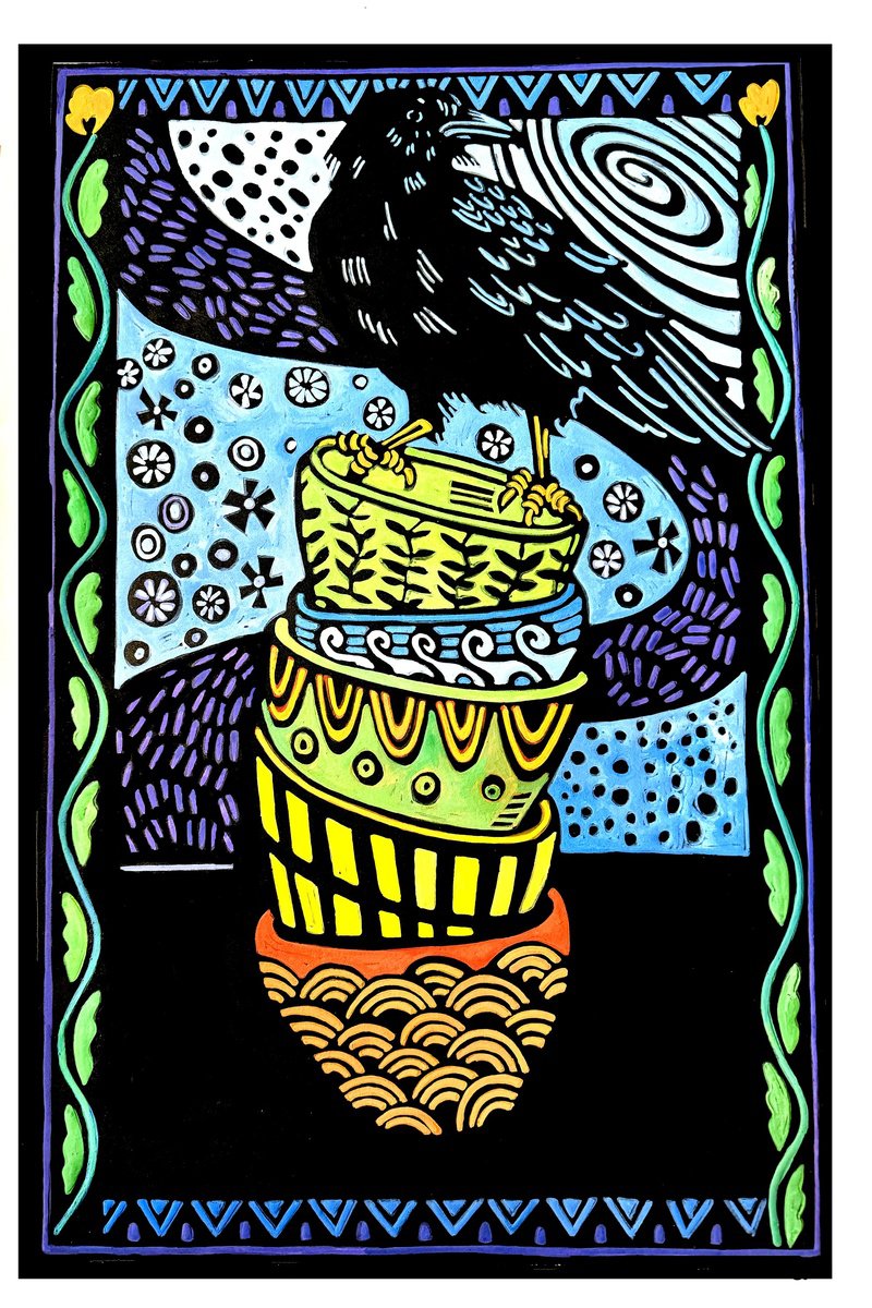 Illustrative Still Life Linocut By Laurel Macdonald, 16 X 22", Crow With Bowls, Original Artwork