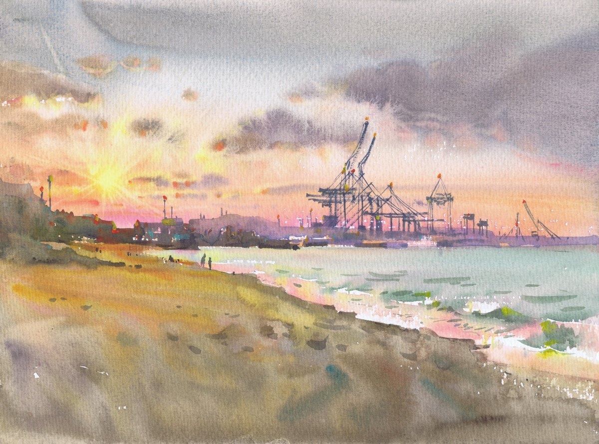 Illustrative Landscape Watercolour By Samira Yanushkova, 12 X 9", Shore Tranquility, Original Artwork