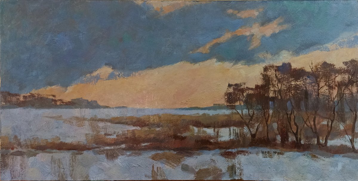 Impressionistic Landscape Oil Painting By Bohdan Dobrivskyi, 24 X 12, Winter Evening, Original Artwork