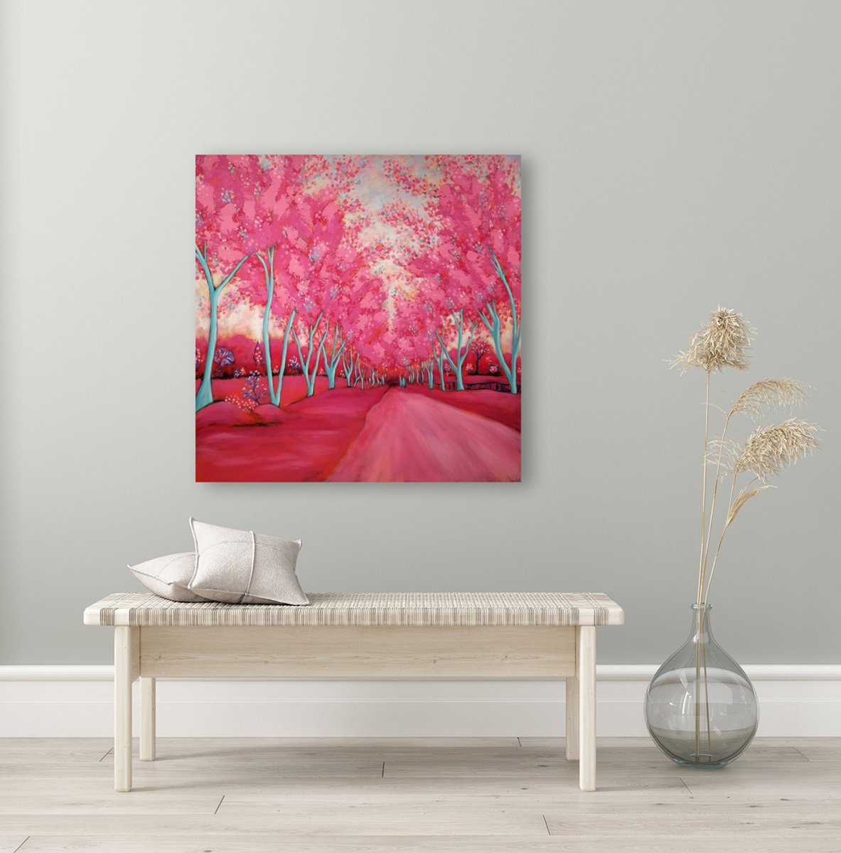 Impressionistic Landscape Acrylic Painting By Karen Rieger, 48 X 48", Spring Blush, Original Artwork