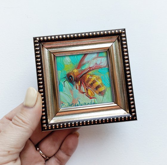 Turquoise Bee mini painting original, Bee oil art tiny painting, Bee artwork handpainted 2x2 in frame - Bee kind to yourself