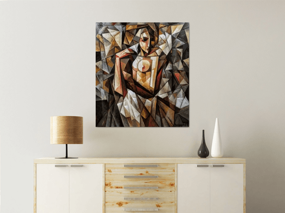 In front of the mirror (80x90cm, cubism, oil painting, ready to hang)