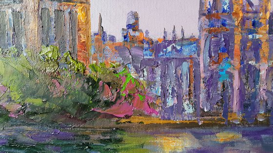 London Evening -  Thames, Palace of Westminster, large original oil painting