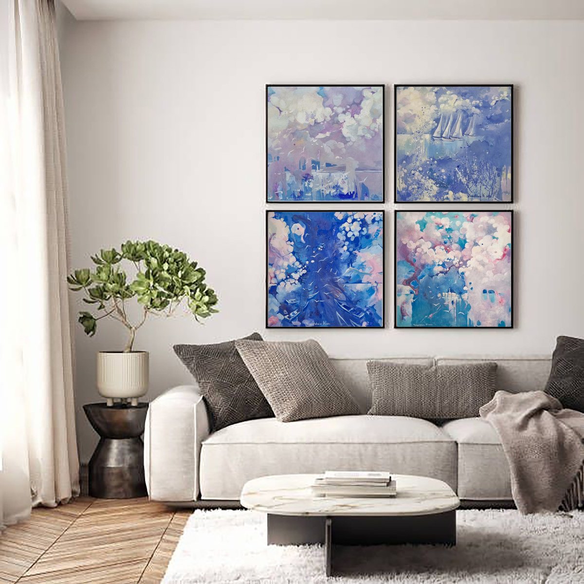 Abstract Landscape Oil Painting By Natalia Yampolskaia, 31 X 31", Sea. Spilled Sky. Set, Original Artwork