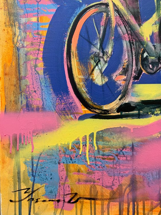 Bright big painting - "Young cyclist" - Urban Art - Pop Art - Bicycle - Street Art - City - Blue - Street scene