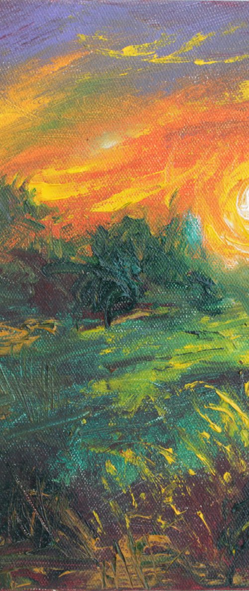 Evening Bliss - Oil painting landscape - impressionistic artwork - sunset - by Vikashini Palanisamy