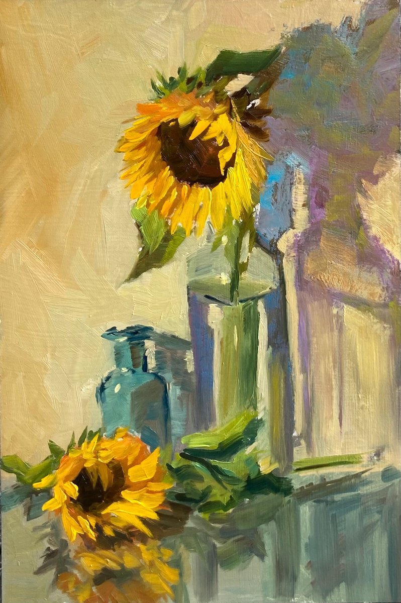 Expressive Still Life Oil Painting By Nithya Swaminathan, 10 X 14", Sunflowers With A Dash Of Blue, Original Artwork
