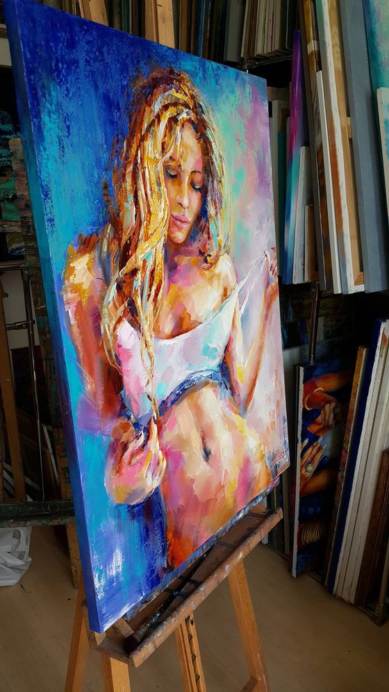 Impasto oil painting, nude figure, portrait female, artwork " You are in my heart '