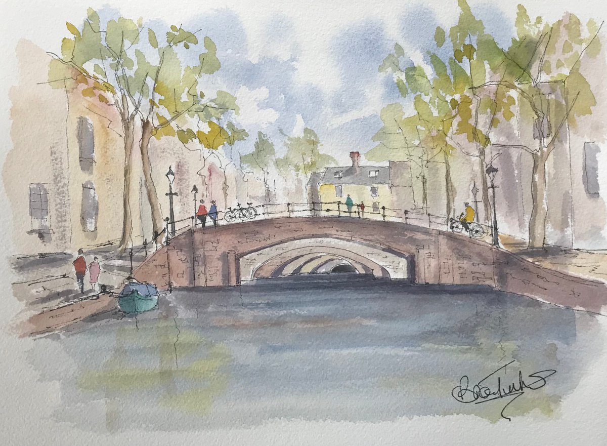 Impressionistic Landscape Watercolour By Brian Tucker, 12 X 9, Canal With Seven Bridges., Original Artwork