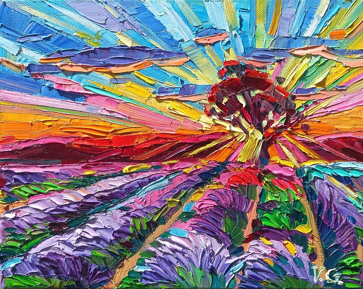 Expressive Landscape Oil Painting By Vanya Georgieva, 12 X 9", Lavender Sunset, Original Artwork
