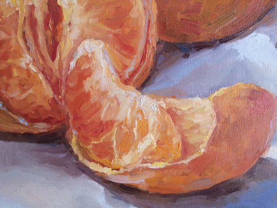 Two mandarines #2, original, one of a kind, impressionistic style still life painting (20x20x2'')