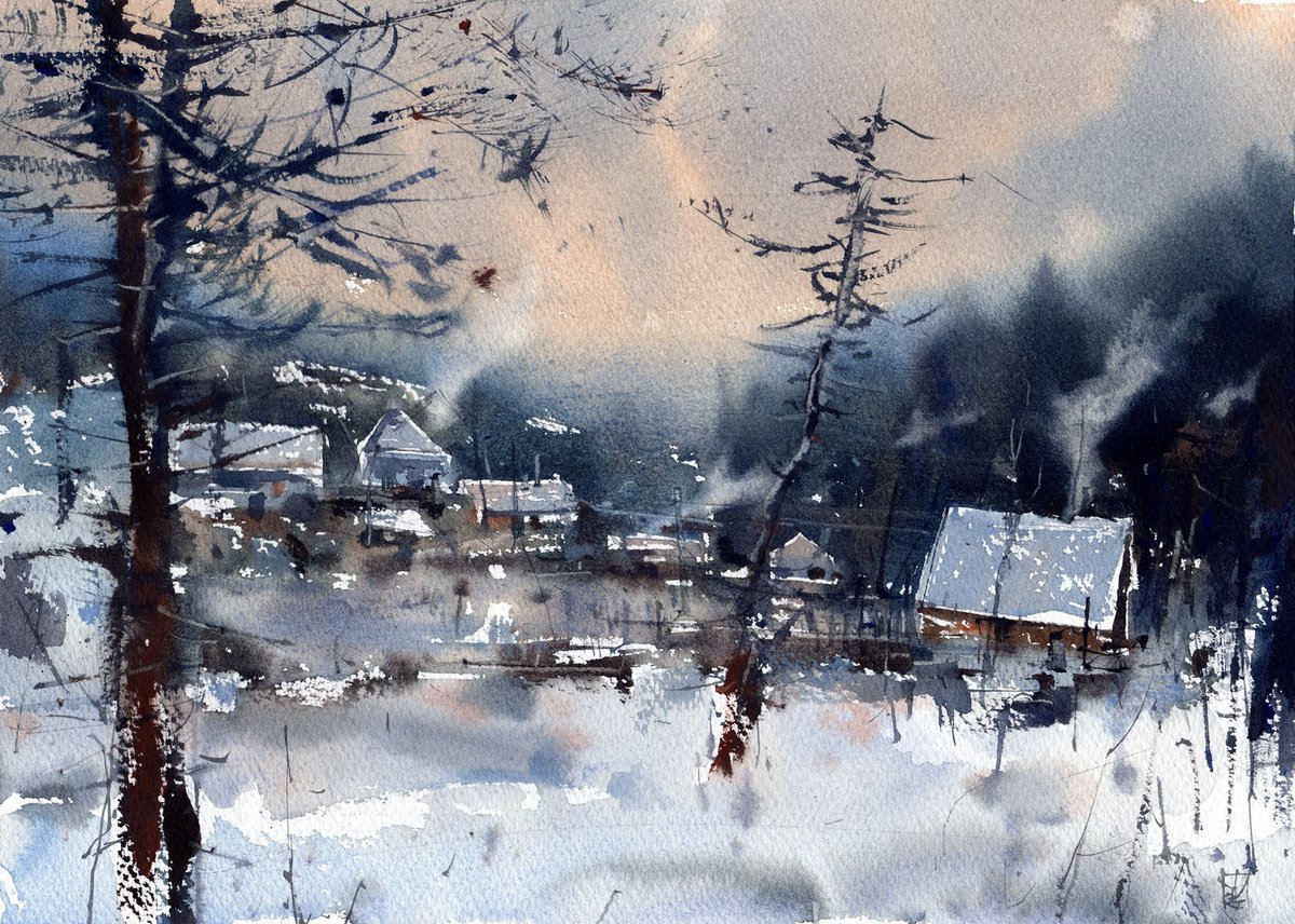 Impressionistic Landscape Watercolour By Yurii Prysiazhnyi, 14 X 10", Winter Village, Original Artwork