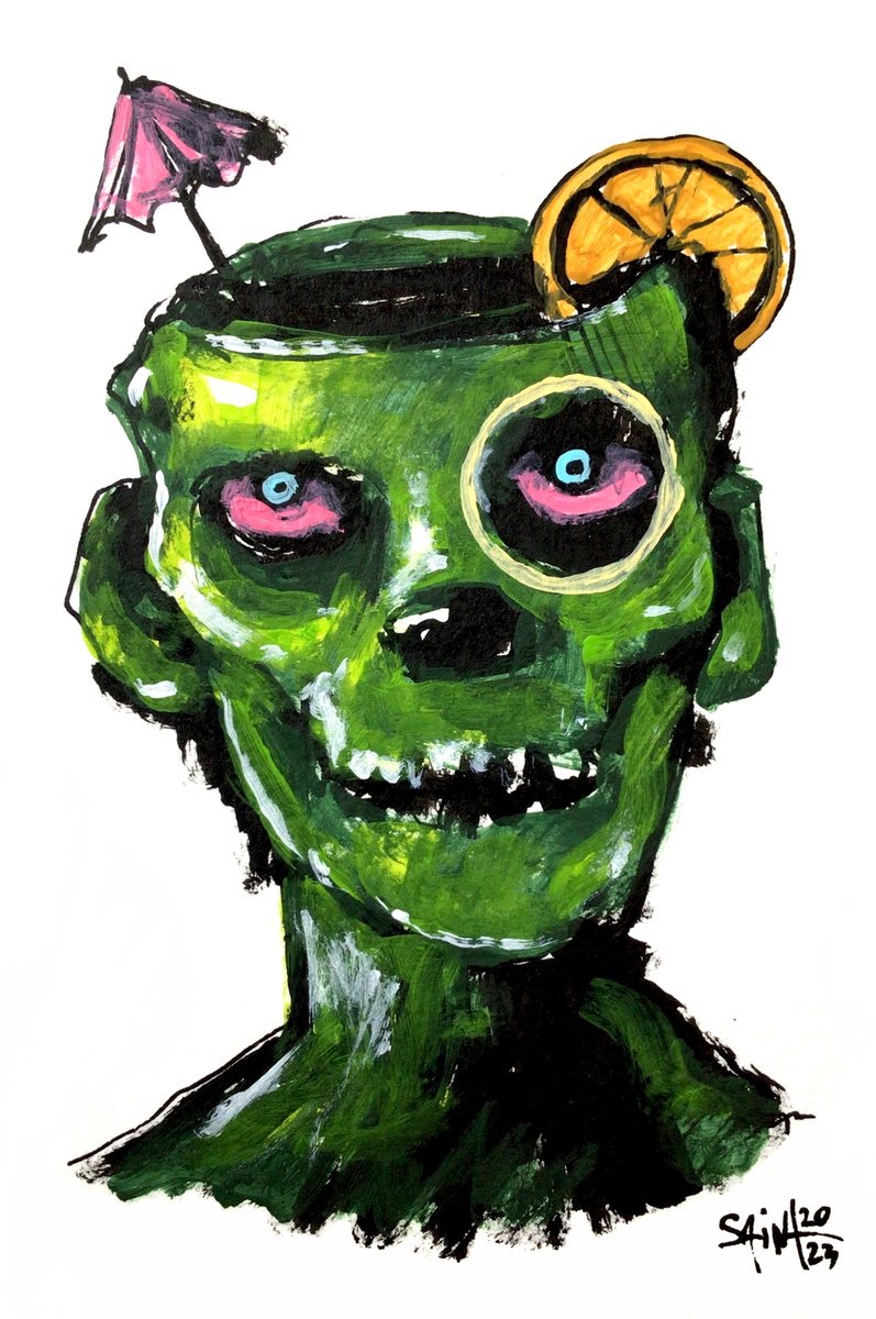 #179 Zombie portrait small painting original art, Horror Naive Outsider Folk Art Brut Stra... by Ruslan Aksenov