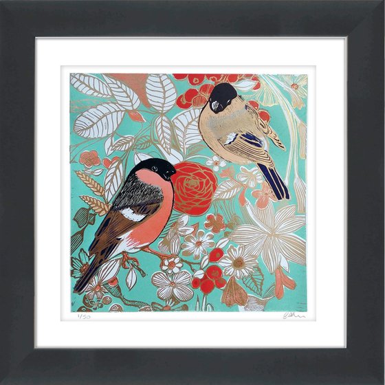 Bullfinches chinoiserie  (blue/green) - Ready to hang, framed linoprint