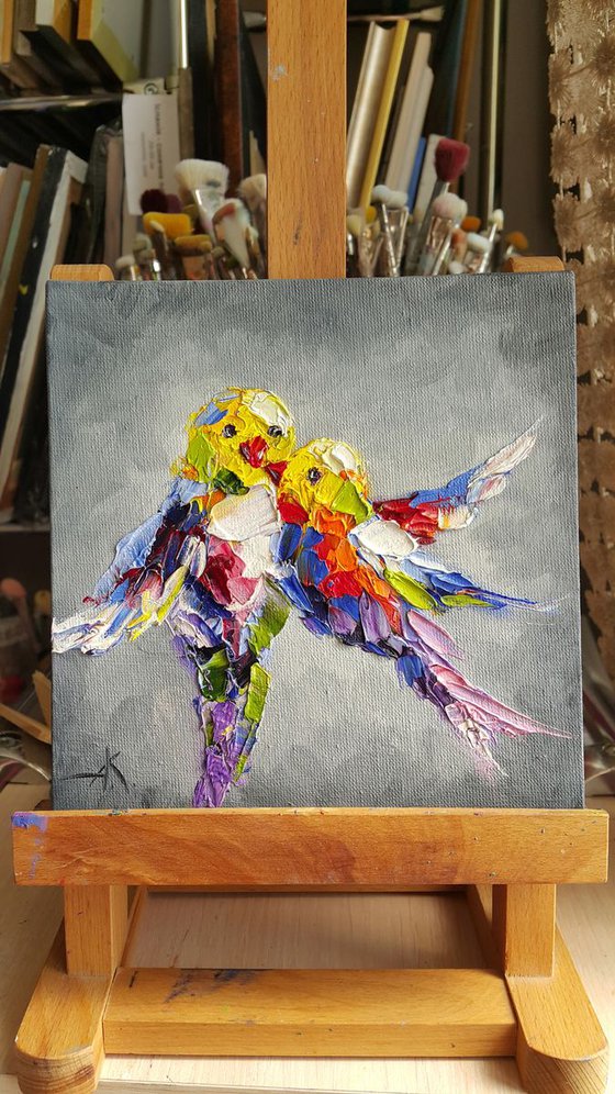 Flying in the gray sky - painting on canvas, animals oil painting, art bird, Impressionism, palette knife, gift.