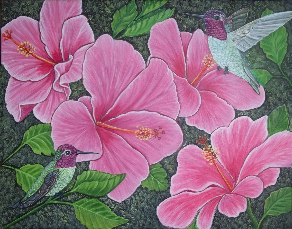 Two Hummingbirds and Pink Hibiscus Flowers by Sofya Mikeworth