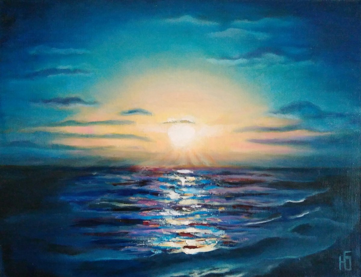 Southern sunset, Seascape Painting Ocean Original Art Night Sky Artwork Sunset Wall Art 45... by Yulia Berseneva