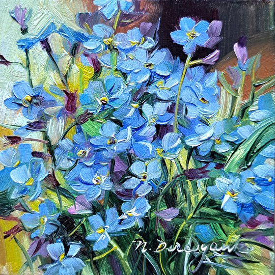 Blue flowers oil painting original Forget-me-not, Small painting framed