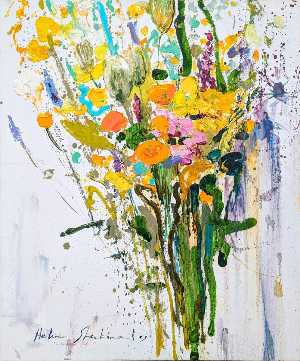 Impressionistic Botanical Oil Painting By Helen Shukina, 20 X 24, Wildflowers On White, Original Artwork
