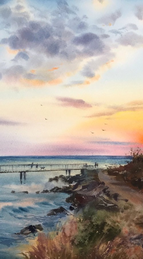 Sunset on the sea  Bridge  Cyprus #2 by Eugenia Gorbacheva