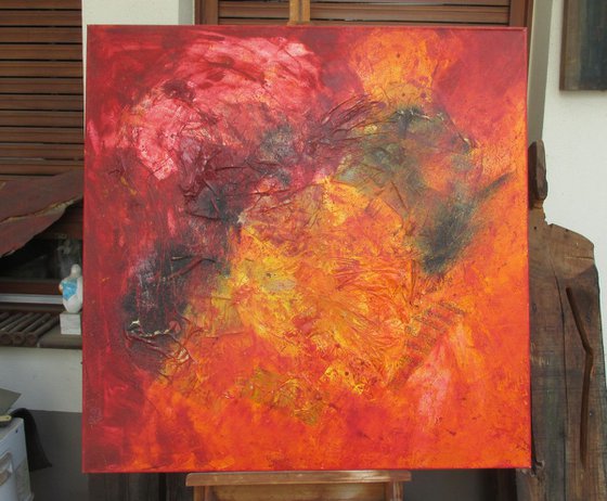 Vulcano on fire abstract red - informel collage painting xl 39x39 inch