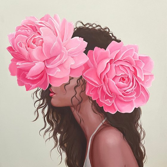 Curly girl and pink peonies