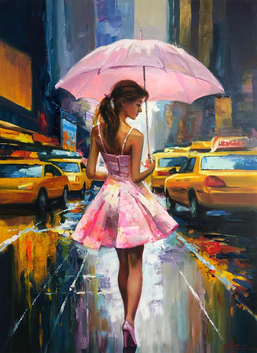 Impressionistic Cityscapes Acrylic Painting By Viacheslav Zaykin, 29 X 39", Pink Umbrella, Nyc Rain, Original Artwork