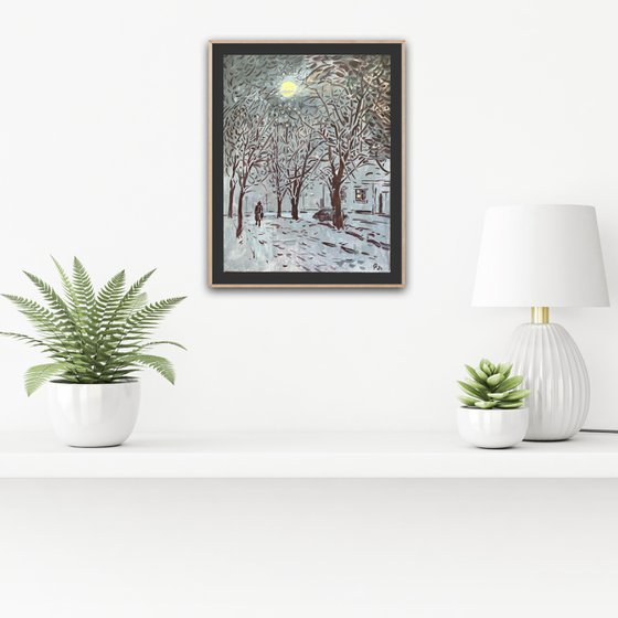 Artwork Moon Winter evening in the city, original acrylic painting from Ukraine