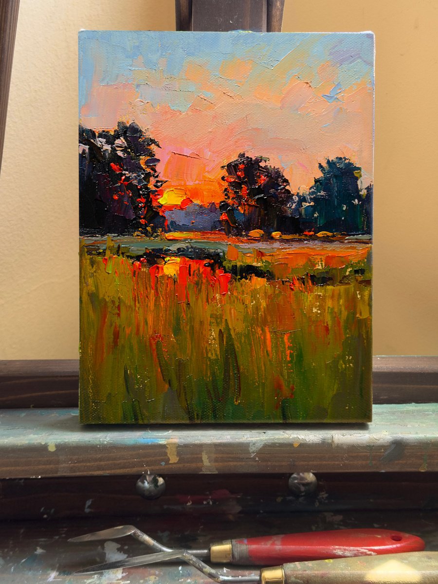 Impressionistic Landscape Oil Painting By Daria Zavadenko, 6 X 8, Where The Sun Lingers, Original Artwork