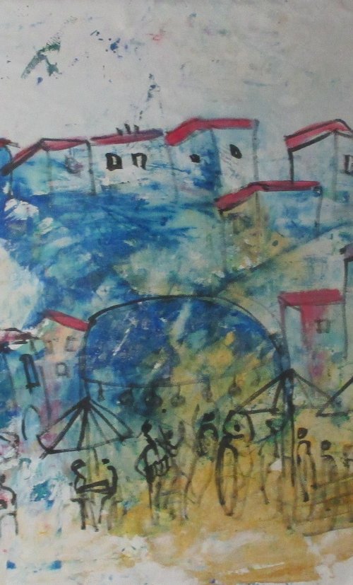 blue italian city, tuscany xxl on canvas, not stretched by Sonja Zeltner-Müller