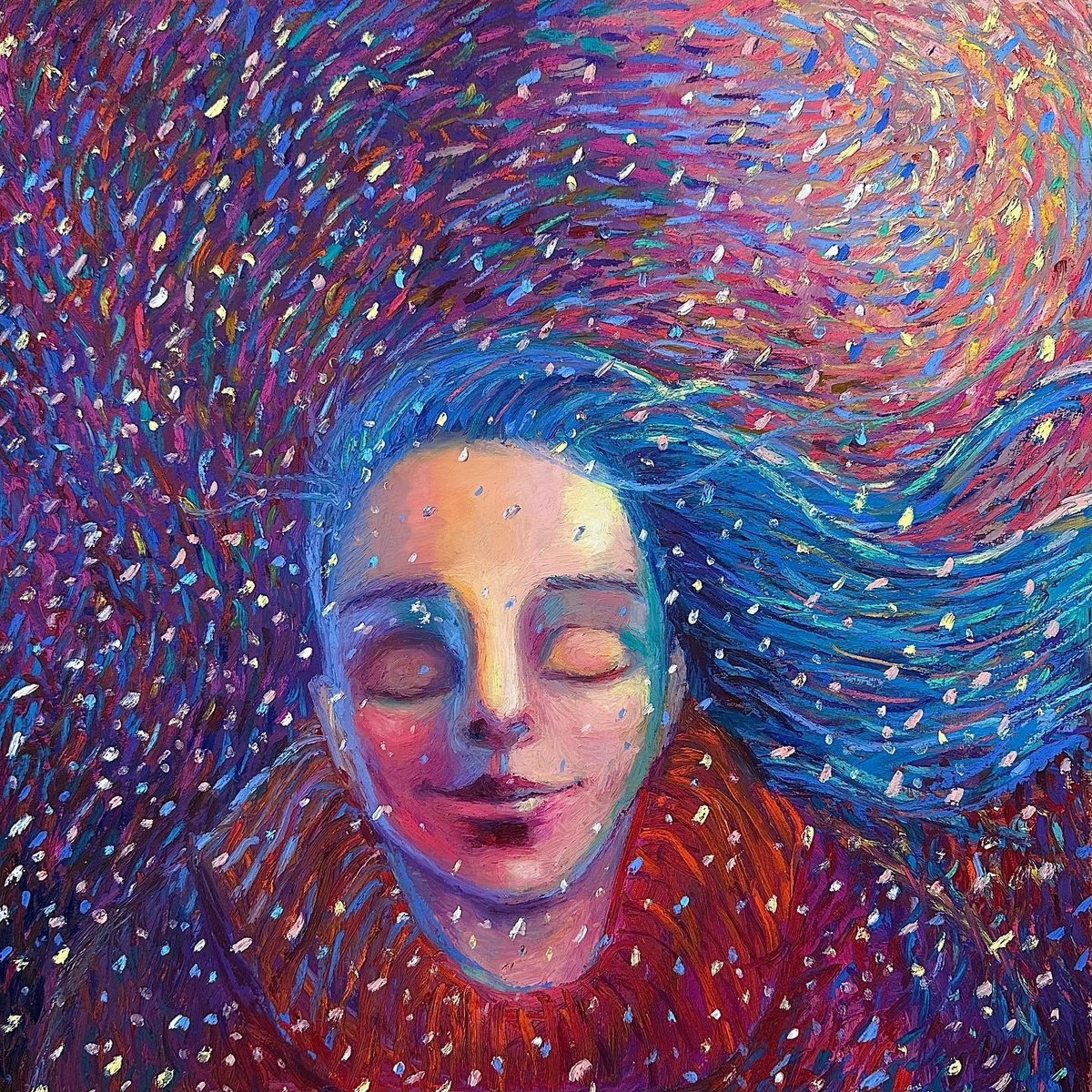 Impressionistic Portrait Painting By Olya Anima, 17 X 17", Snow Dreams, Original Artwork