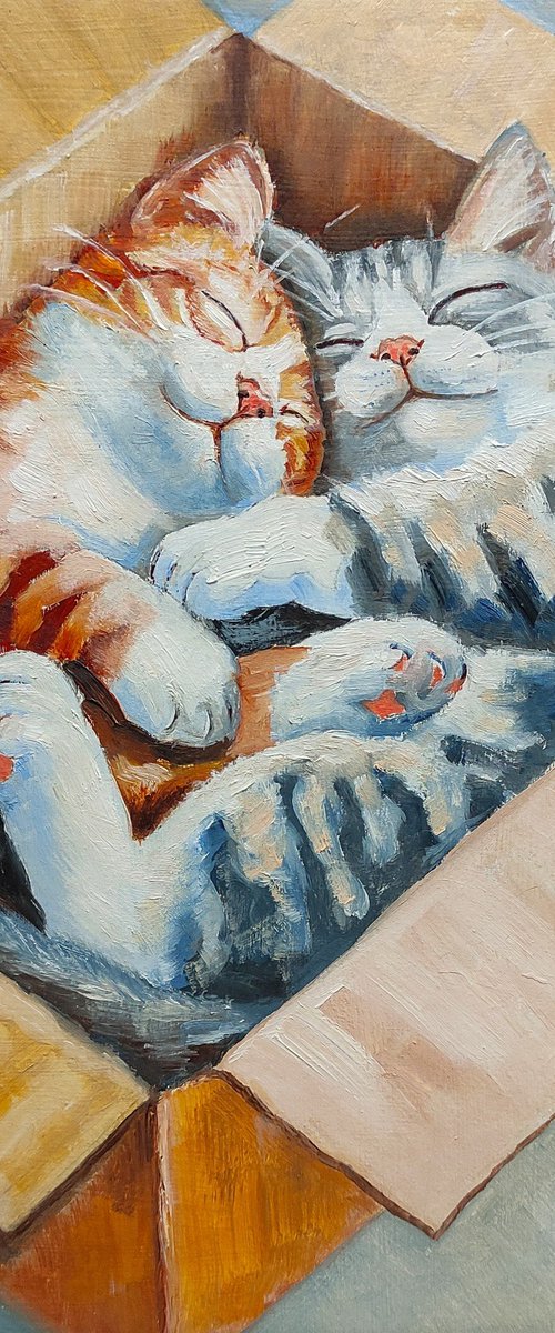 A Pair Of Cats In A Box Oil Painting by Yulia Berseneva